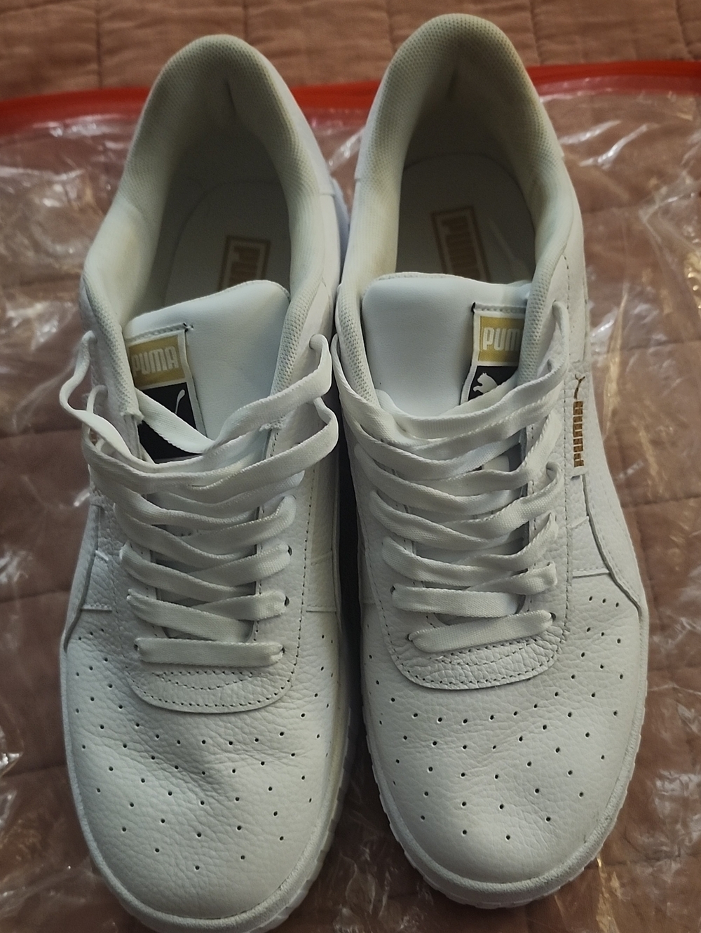 Puma White Leather Low-Top Sneakers with Gold Logo